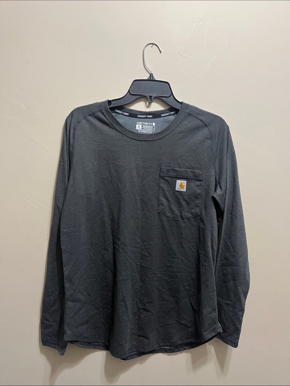 Carhartt Long Sleeve Pocket Tee in Charcoal with Gold Logo